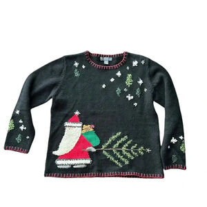 Northern Isles Wool Santa Dragging Tree in Snow Christmas Sweater Size M